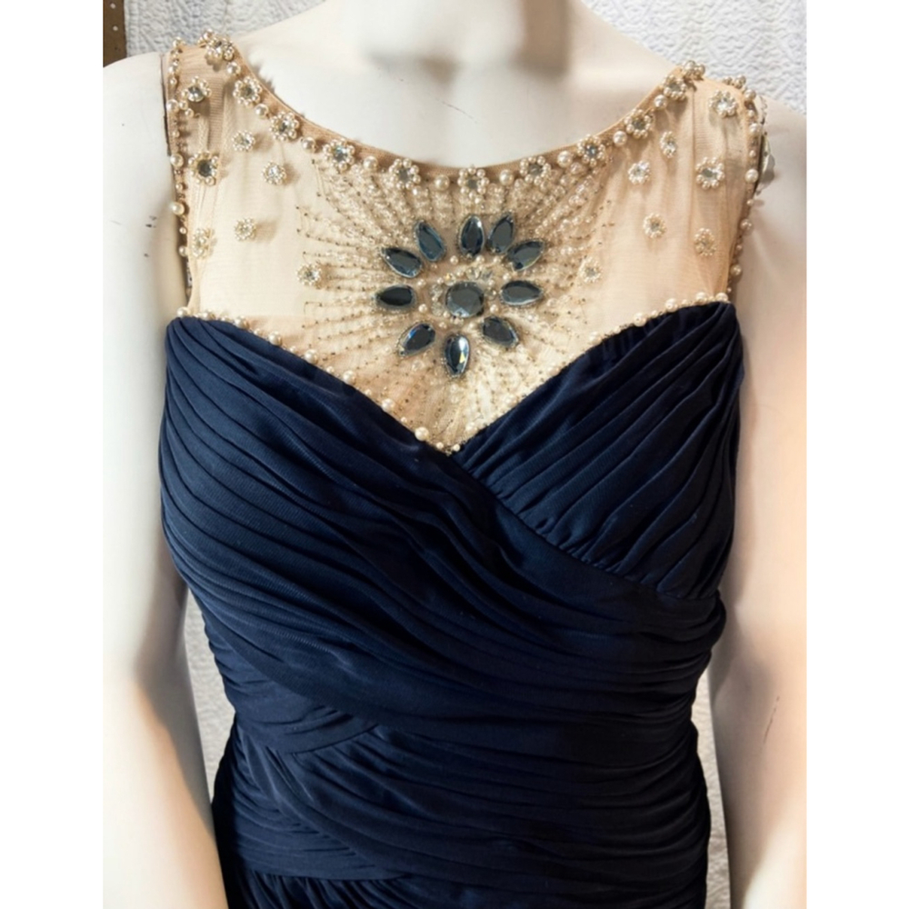 Adrianna Papell Navy Blue Beaded Illusion Neck Ruched Bodycon Cocktail Dress 16W - Picture 3 of 14